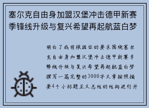 塞尔克自由身加盟汉堡冲击德甲新赛季锋线升级与复兴希望再起航蓝白梦 塞尔克自由身加盟汉堡冲击德甲新赛季锋线升级与复兴希望再起航蓝白梦
